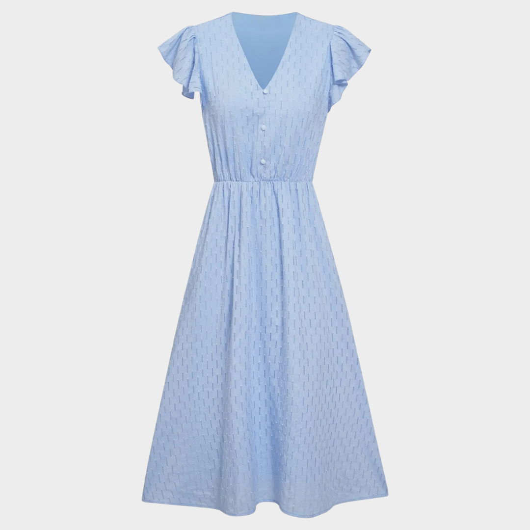 Women’s V-Neck Buttoned Midi Dress – Elegant Flutter Short Sleeve Fit with Solid Colour Design – Soft Lightweight Fabric – Multiple Colours