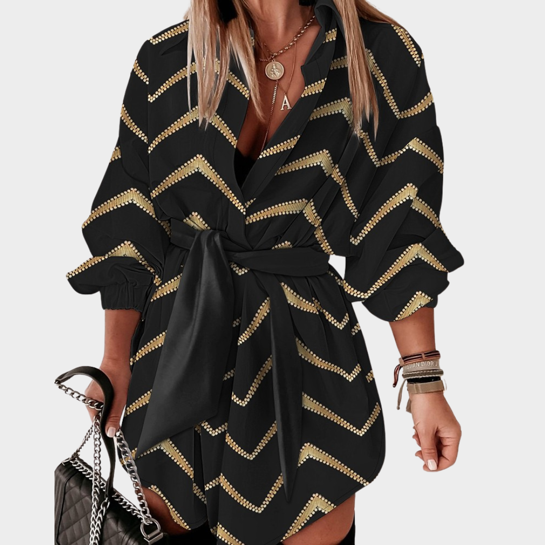 Women's Long-Sleeved Mini Shirt Dress – A-Line Fit – High Waist – Button-Up Lapel – Black