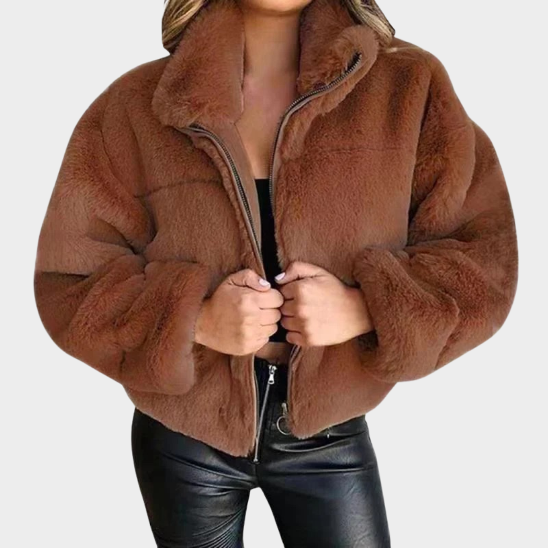 Women Faux Fur Jacket – Short Plush Coat with Turn Down Collar Slim Fit Outwear – Multiple Colours