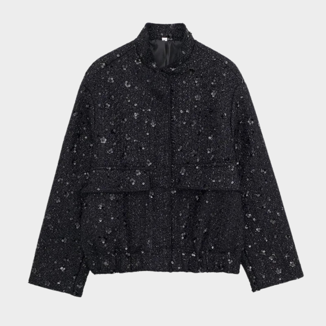 Women's Sequined Bomber Jacket – Long Sleeve – Zip-Up – Stretch Hem – Chic Outerwear – Multiple Colours