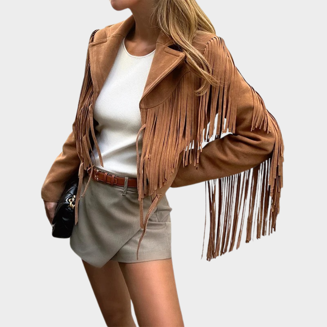 Women’s Slim Fit Leather Jacket – Genuine Sheepskin with Tassel & Lace-Up Detail – Kid Suede Finish – Short Moto Style – Brown
