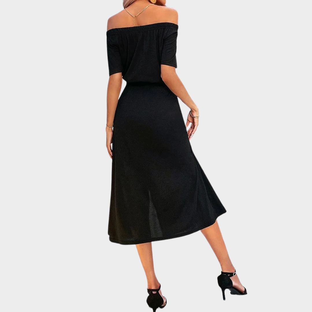 Women’s Short Sleeve Slash Neck Dress – Slim Casual Fit with Solid Colour Style – Soft Stretch Fabric – Black