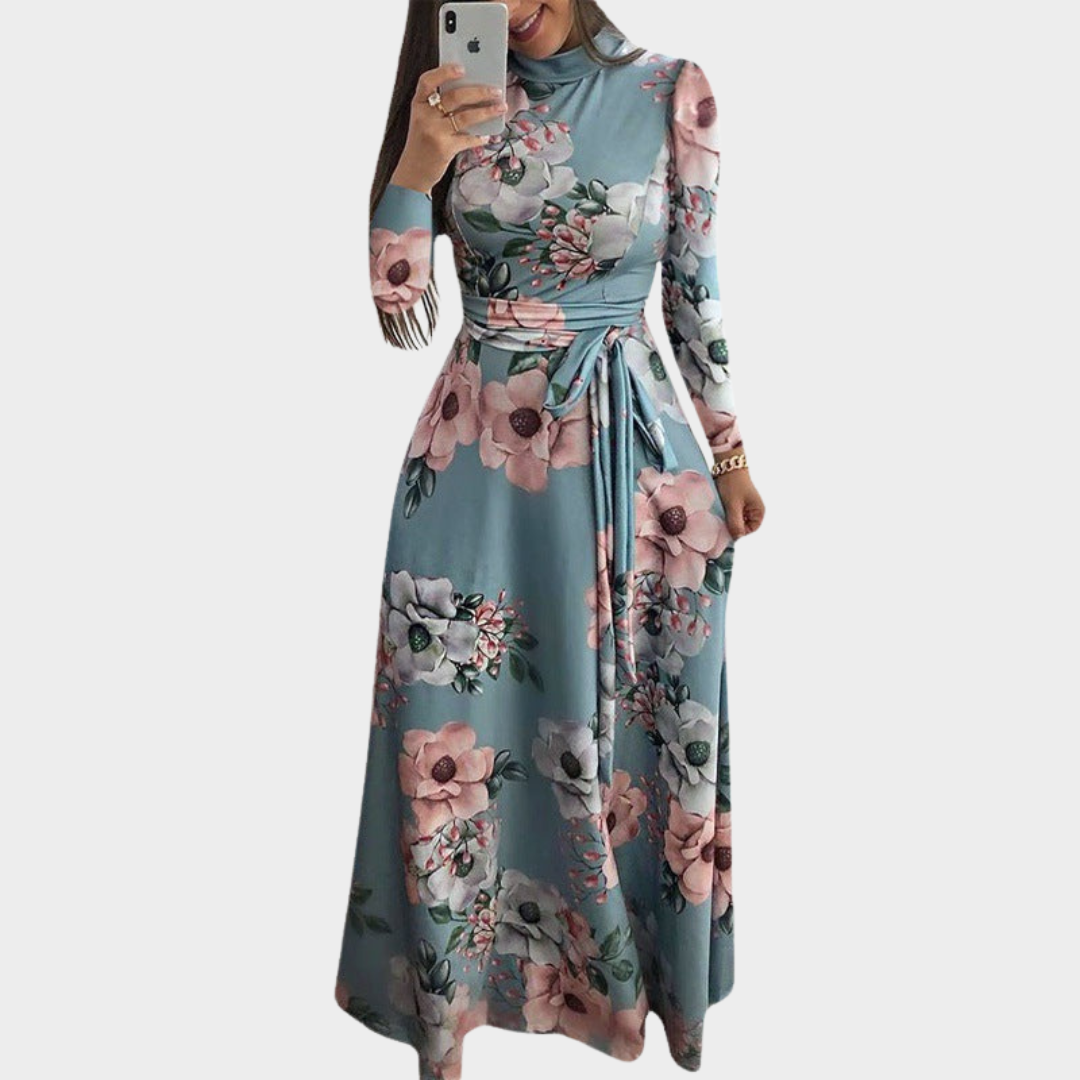 Women's Boho High Neck Maxi Dress – Floral Print Belted Party Dress – Short/Long Sleeve – Multiple Colours