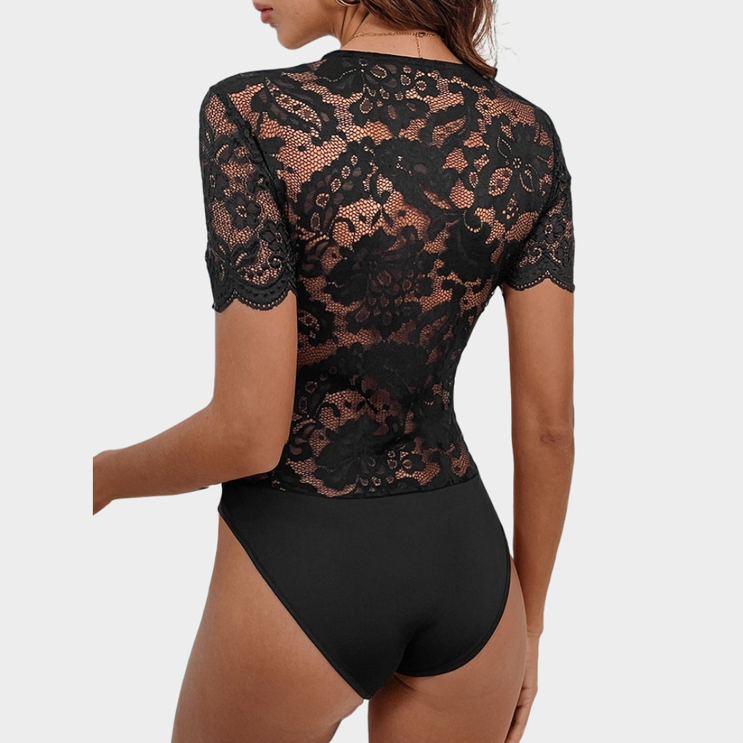 Women's Lace Patchwork Bodysuit - Slim Fit V-Neck Elegant One-Piece - Black
