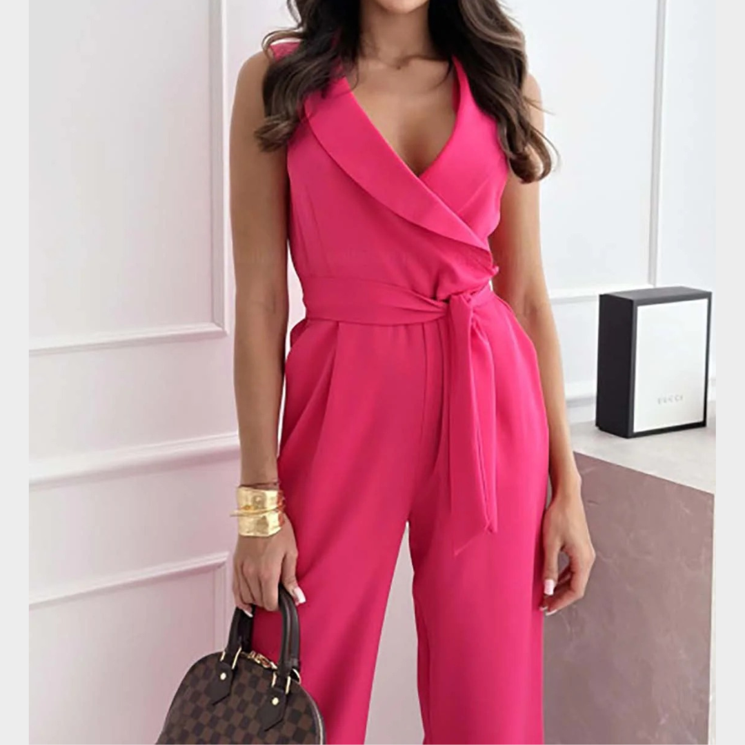 Women’s Elegant Sleeveless Jumpsuit – V Neck Belted Wide Leg – Multiple Colours