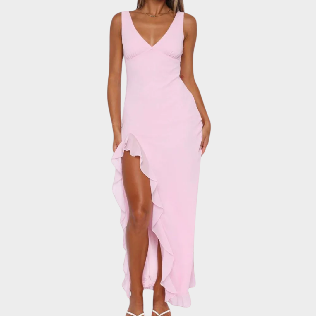 Women’s Elegant Ruffle Midi Dress – High Split Backless Design – Soft Lightweight Fabric with Slim Fit – Multiple Colours