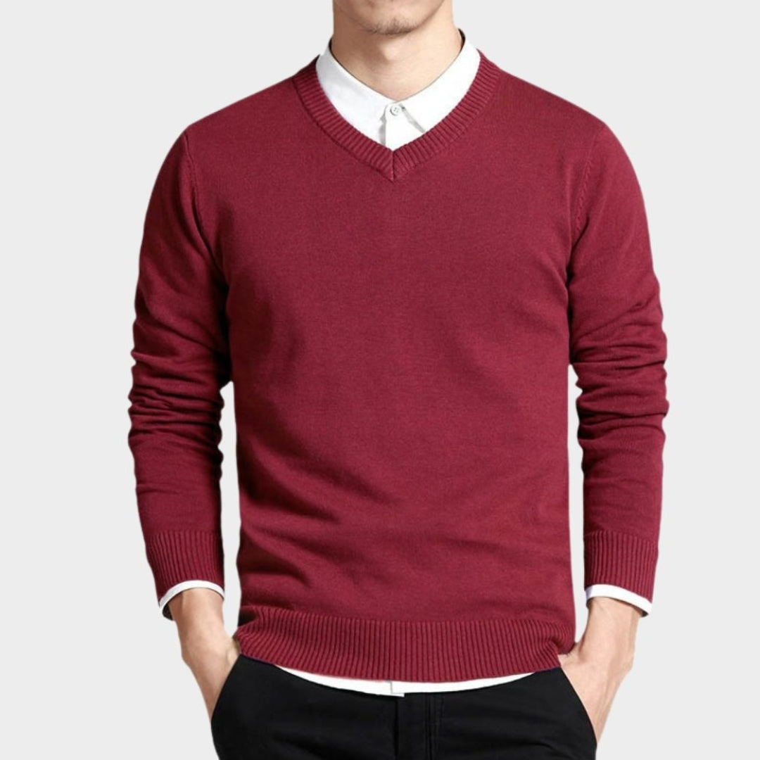 Men's V-Neck Cotton Sweater – Long Sleeve Loose Fit Knitwear, Korean Style, Black/Blue/White/and More