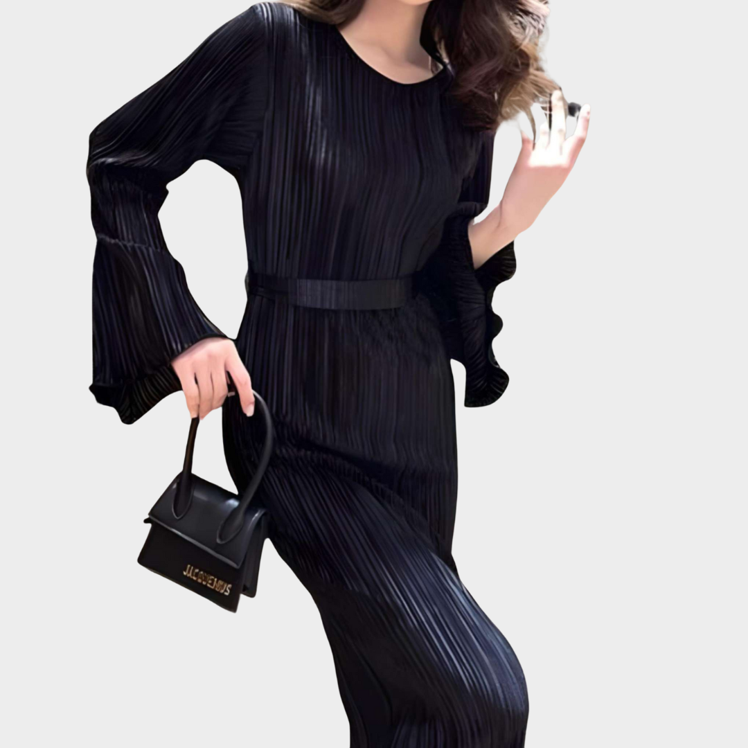 Women's Bodycon Pleated Dress – Elegant Long Sleeve Ankle-Length Dress – Slim Fit O-Neck – Lace-Up Waist – Multiple Colours