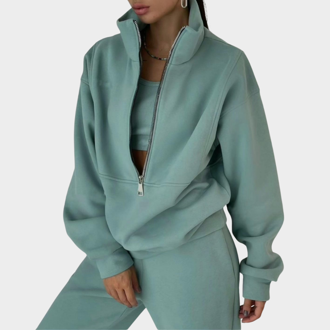 Women's Two-Piece Tracksuit - Fleece Lined - Zip-Up Sweatshirt & High-Waist Pants - Multiple Colours