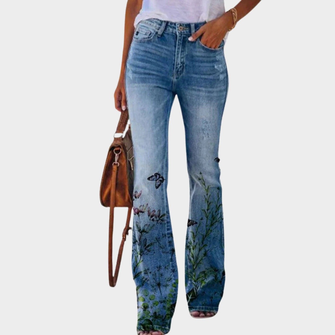 Women's Flare Jeans - High Waist - Printed Denim - Comfortable Fit - Multiple Colours