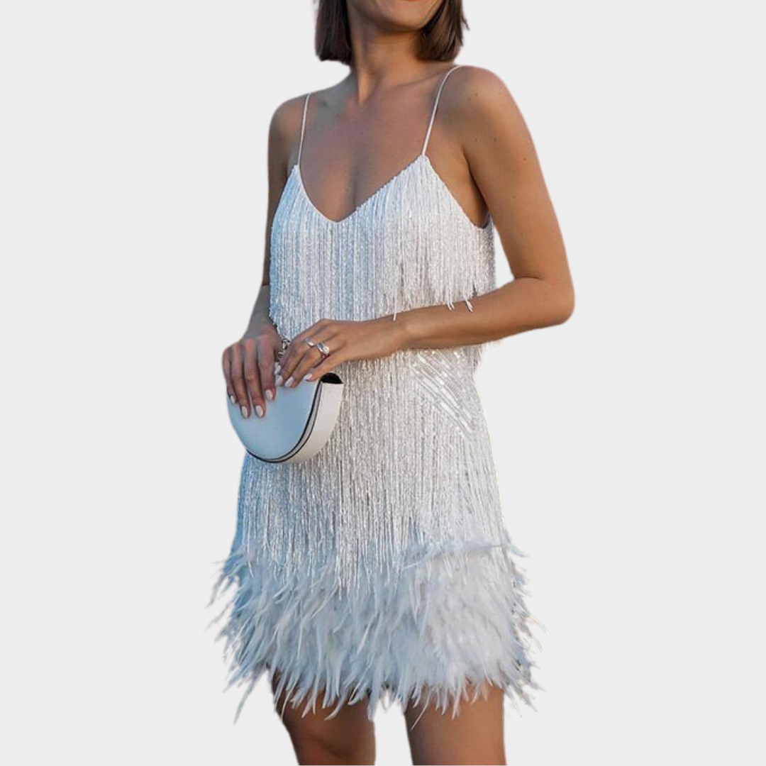Women's Sequined Evening Dress – Sleeveless – V Neck – Tassels & Feather Detail – Multiple Colours