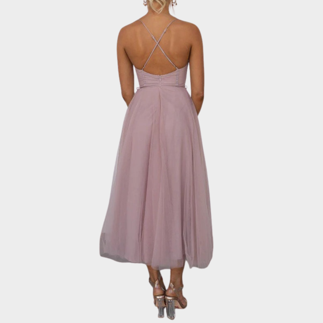 Women’s Long Backless Chiffon Dress – Spaghetti Strap Party Gown with Low Cut Lace-Up Back – Lightweight Mesh Fit – Multiple Colours