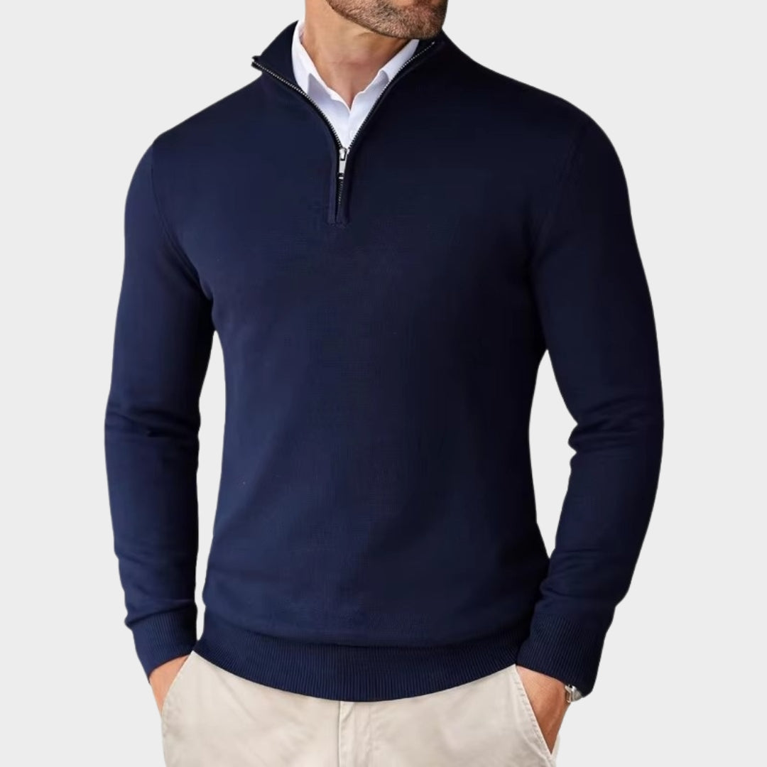 Men's Quarter Zip Sweater – Lightweight Slim Fit Knit Pullover, Half Turtleneck Stand-Up Collar (Beige, Black, Navy Blue)