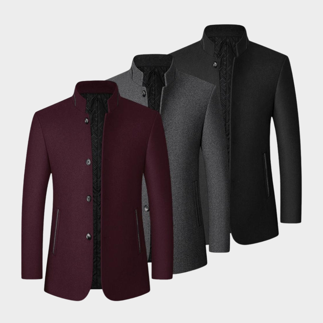 Men's Wool Blend Overcoat - Old Money - Winter Warm Trench Coat, Stand-Up Collar, Wine Red, Black, Grey