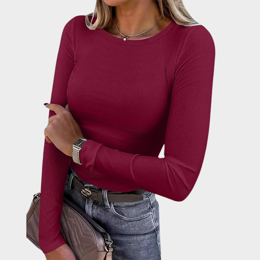 Women's Long-Sleeve Ribbed Knit Top - Crewneck - Slim Fit Basic Tee - Casual & Versatile - Multiple Colours