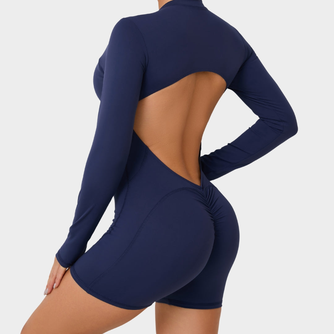 Women's Long-Sleeve Yoga Jumpsuit - Zipper Front Padded One-Piece - Stretch Fit Gym & Casual Wear - Multiple Colours
