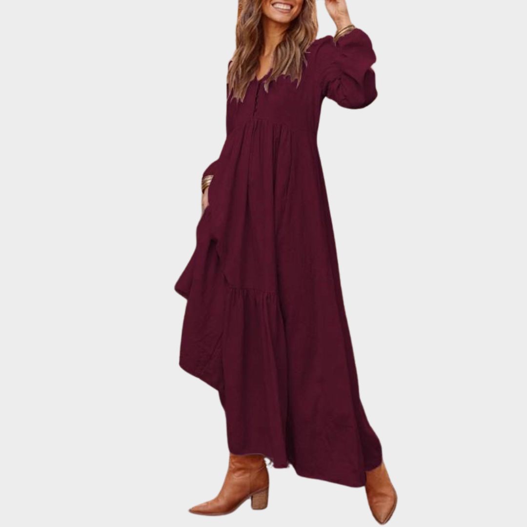 Women's Cotton and Linen Vintage Long Dress – V-Neck Maxi - Casual Loose Fit - Multiple Colors