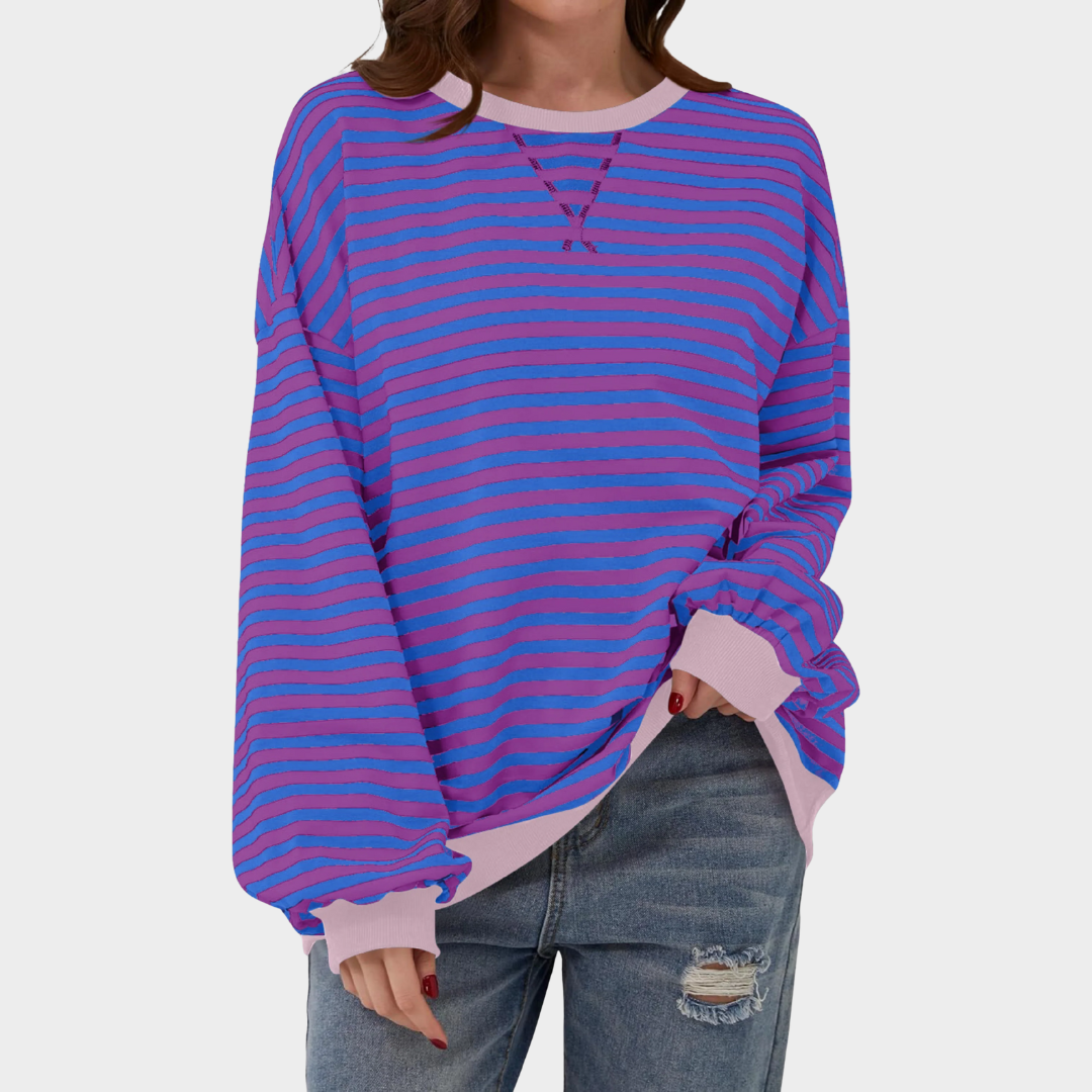 Women Casual Long Sleeve Sweatshirt – Round Neck Striped Pullover Top – Comfortable Knitwear – Multiple Colours