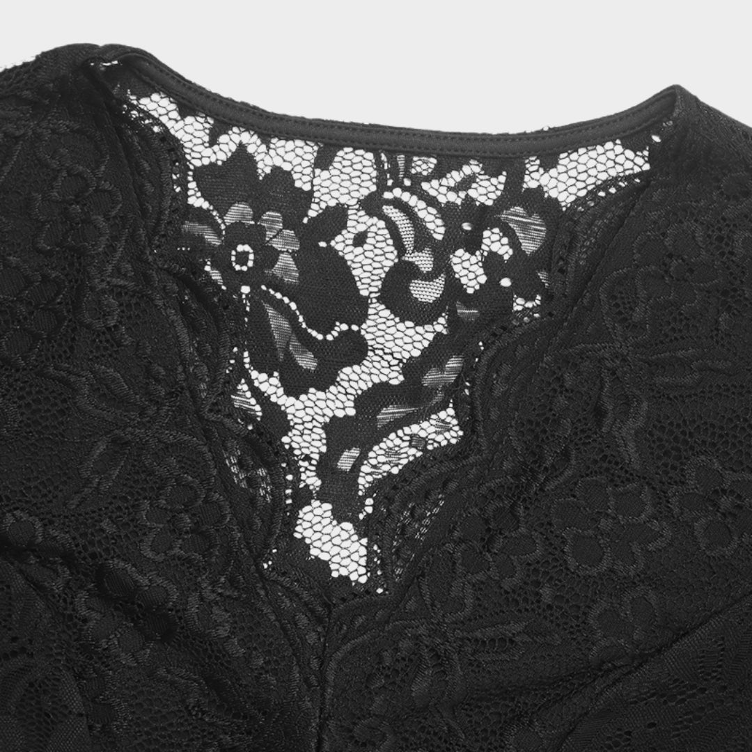 Women's Lace Patchwork Bodysuit - Slim Fit V-Neck Elegant One-Piece - Black