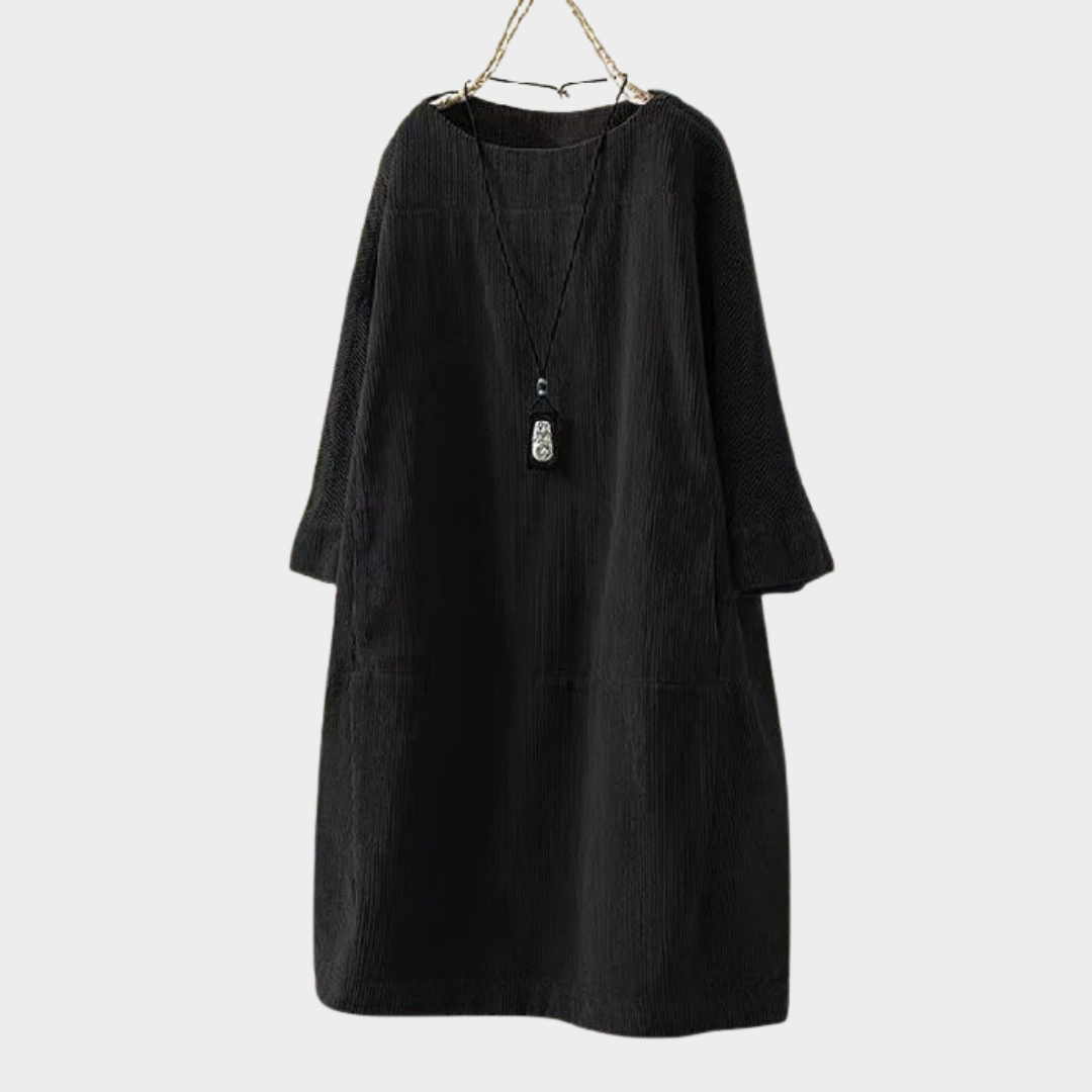 Women Retro Corduroy Dress – Loose Fit Long Sleeve with Round Neck – Solid Colour Vintage Style Comfortable Elegance – Multiple Colours