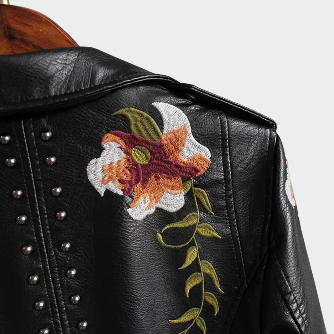 Women's Faux Leather Jacket – Floral Embroidery – PU Motorcycle Coat – Casual Outerwear – Multiple Colours