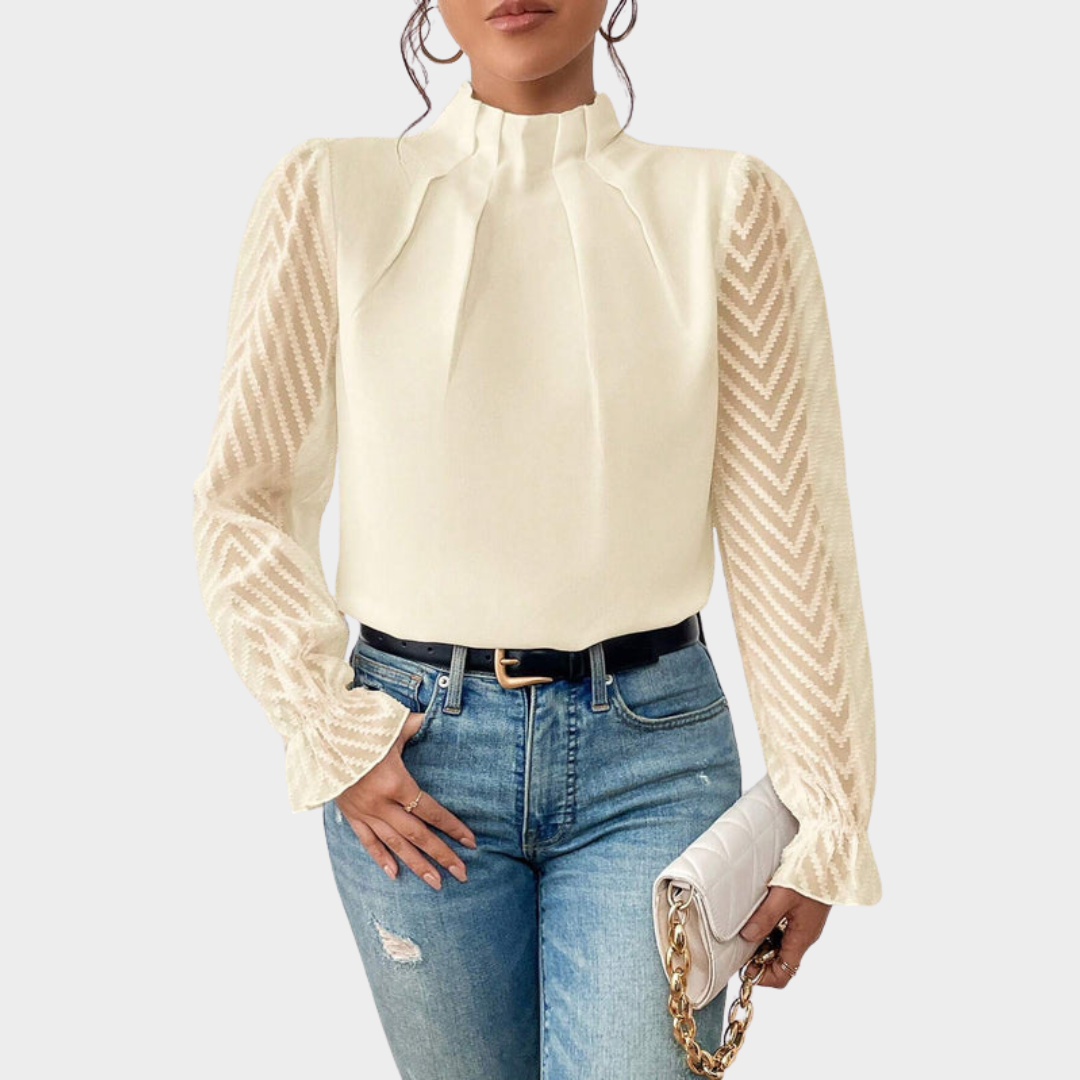 Elegant Women's Lace Blouse – Mock Neck – Long Sleeve – Slim Fit – Chiffon Fabric – Multiple Colours