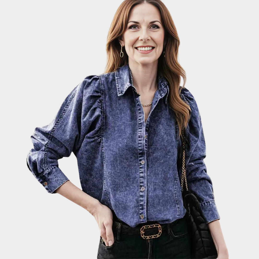 Women's Denim Blouse - Puff Long Sleeve Boho Shirt - Loose Fit Vintage Cotton Top - Multiple Colours