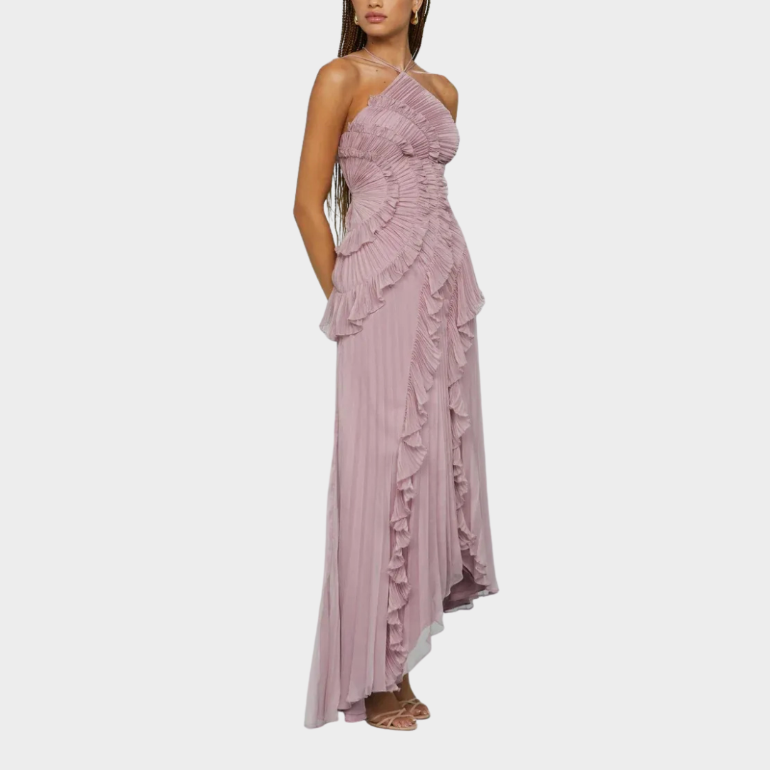 Women Pleated Frill Halter Neck Maxi Dress – Elegant Sleeveless High Stretch Dress with Asymmetrical Hem and Flowing Pleated Texture – Multiple Colours