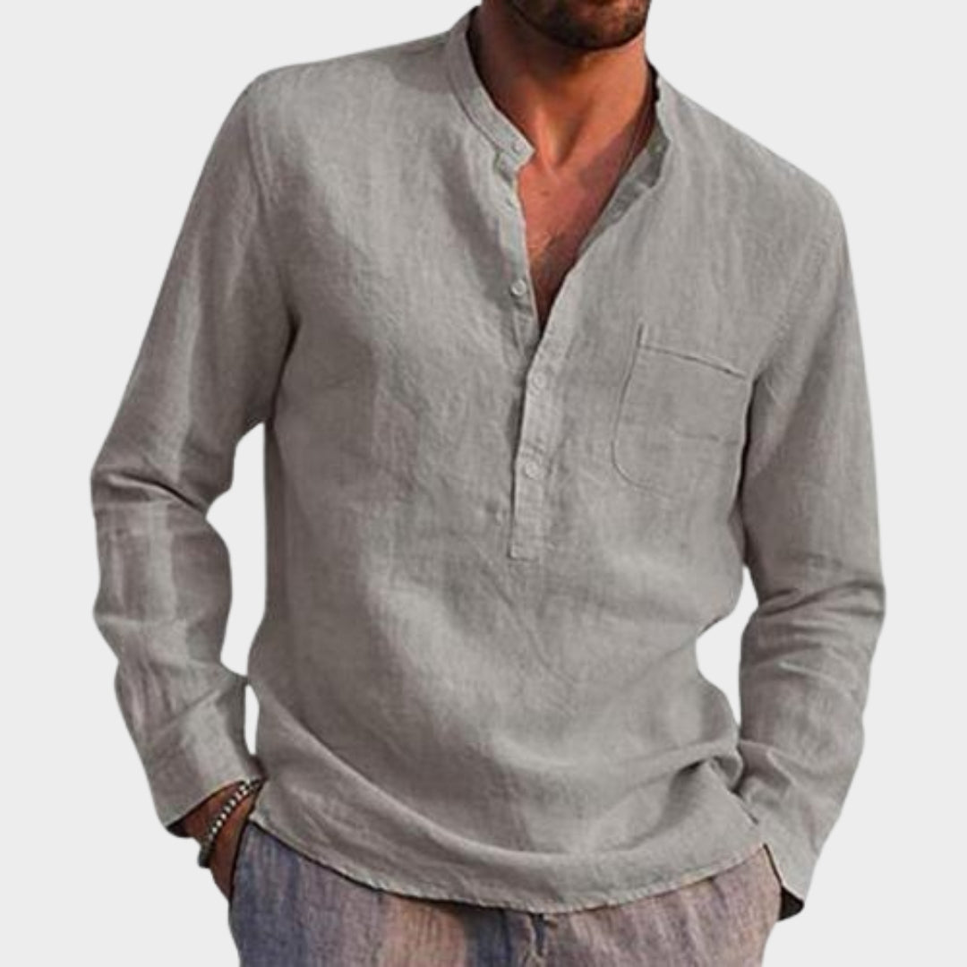 Men's Long-Sleeve Shirt - V-Neck - Button Pocket Design - Cotton - Casual Fit - Multiple Colours