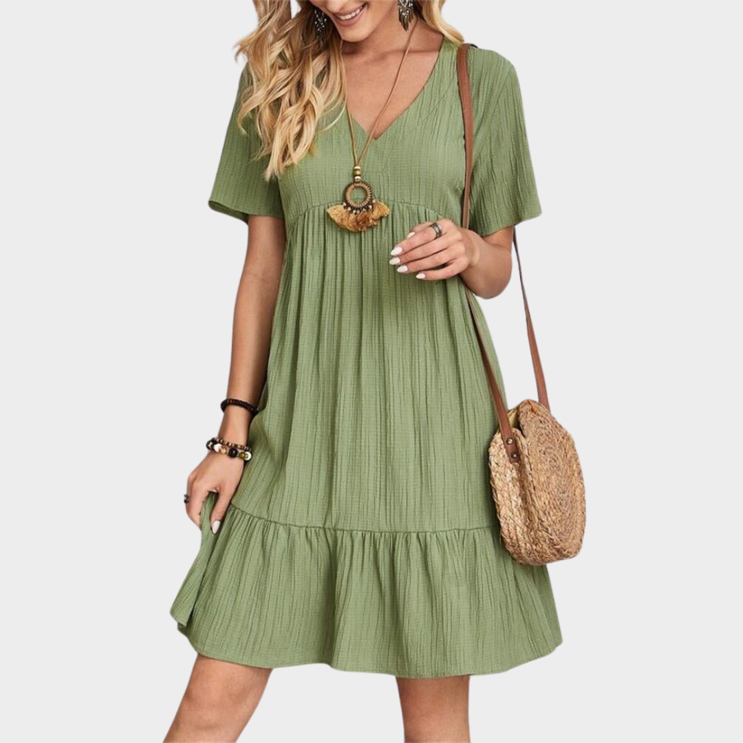Women's Boho Midi Dress – Short-Sleeved V-Neck Dress – Casual Beach Holiday Dress – Flowy Fit – Multiple Colours