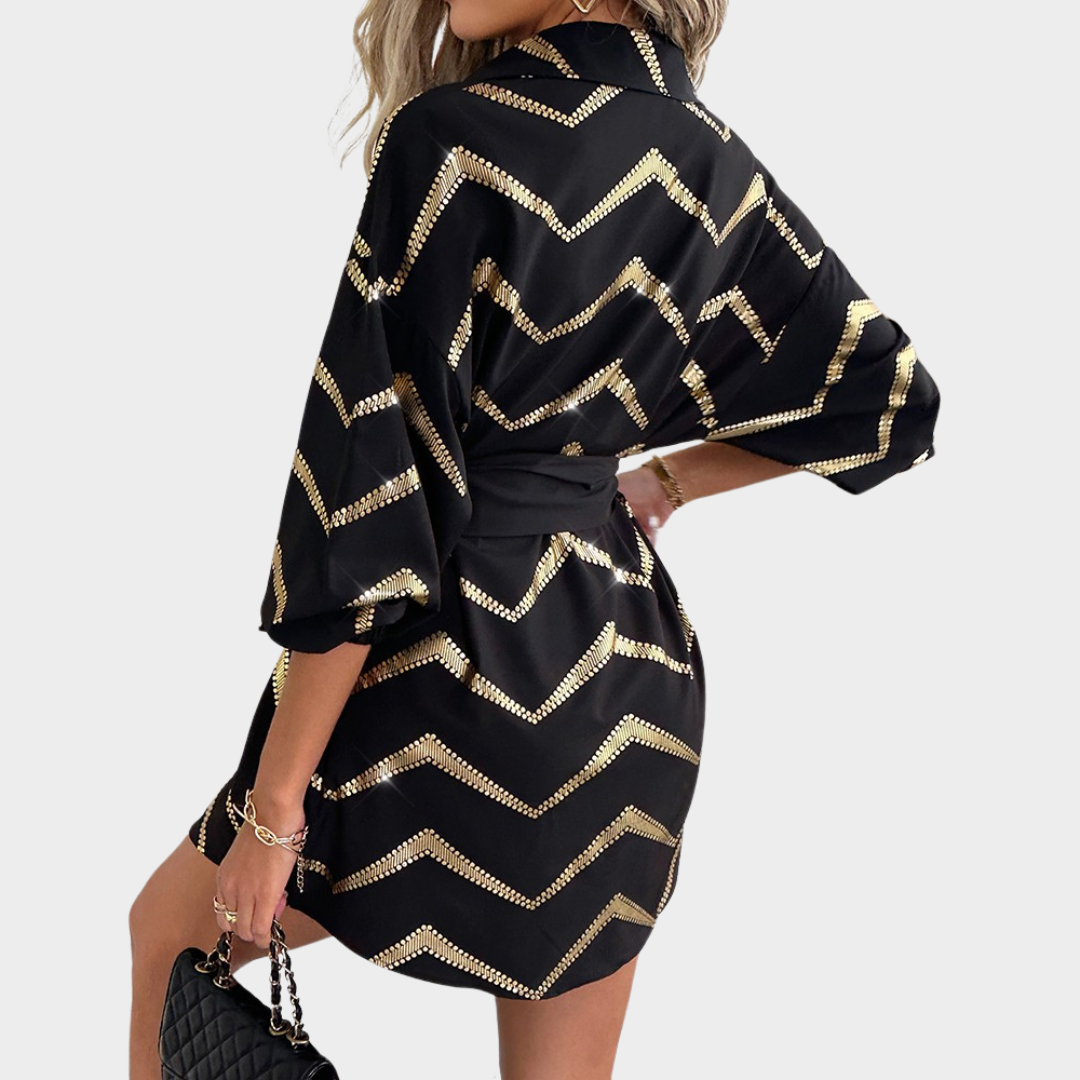Women's Long-Sleeved Mini Shirt Dress – A-Line Fit – High Waist – Button-Up Lapel – Black