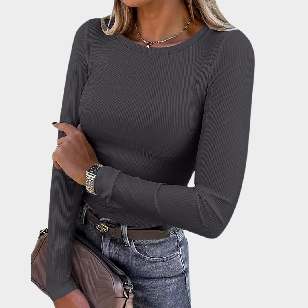 Women's Long-Sleeve Ribbed Knit Top - Crewneck - Slim Fit Basic Tee - Casual & Versatile - Multiple Colours
