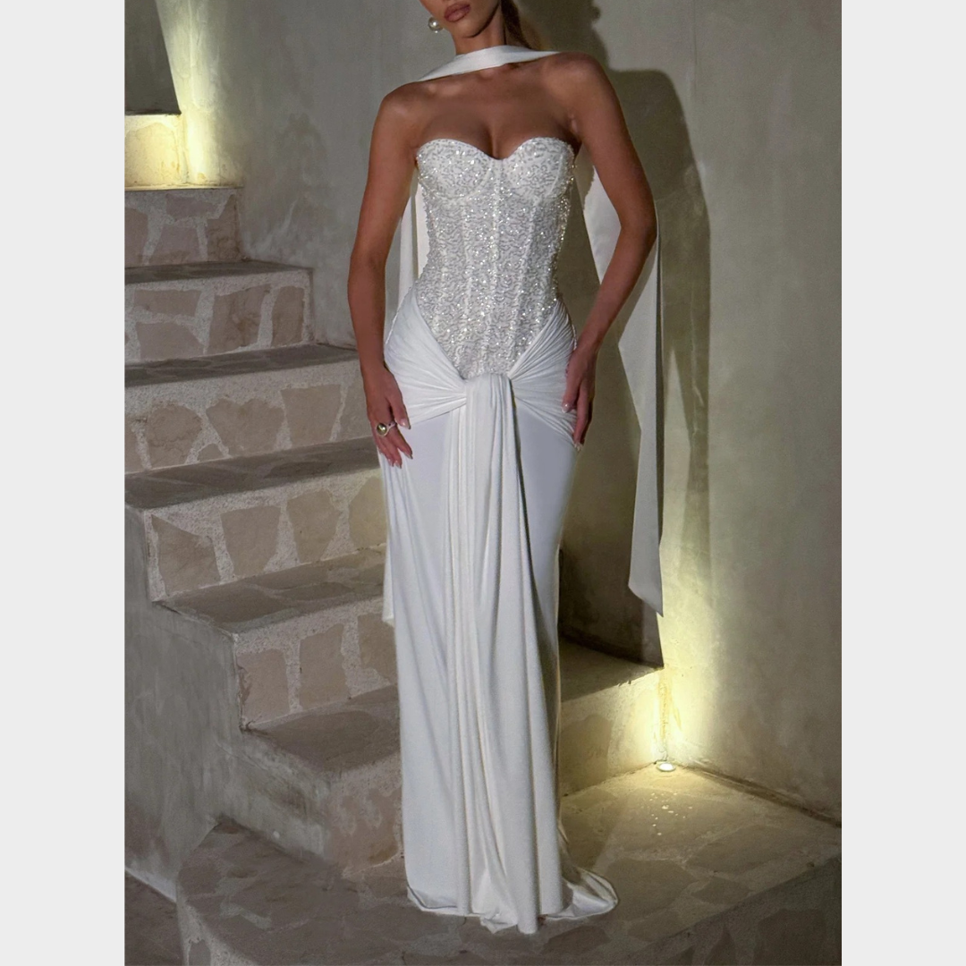 Women’s Off-Shoulder Evening Gown – Luxury Strapless Party Dress with Embellished Mesh Bodice and Slinky Jersey Skirt – Multiple Colours