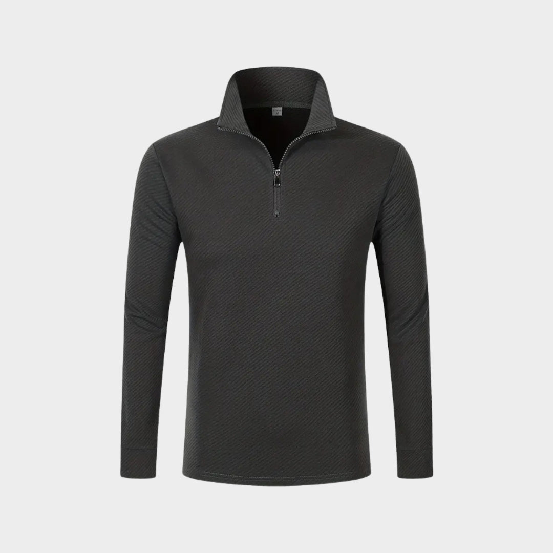 Men's Long Sleeve Polo Shirt - Twill Jacquard Zipper, Comfortable Breathable Casual Top, Dark Grey, Light Grey, Khaki