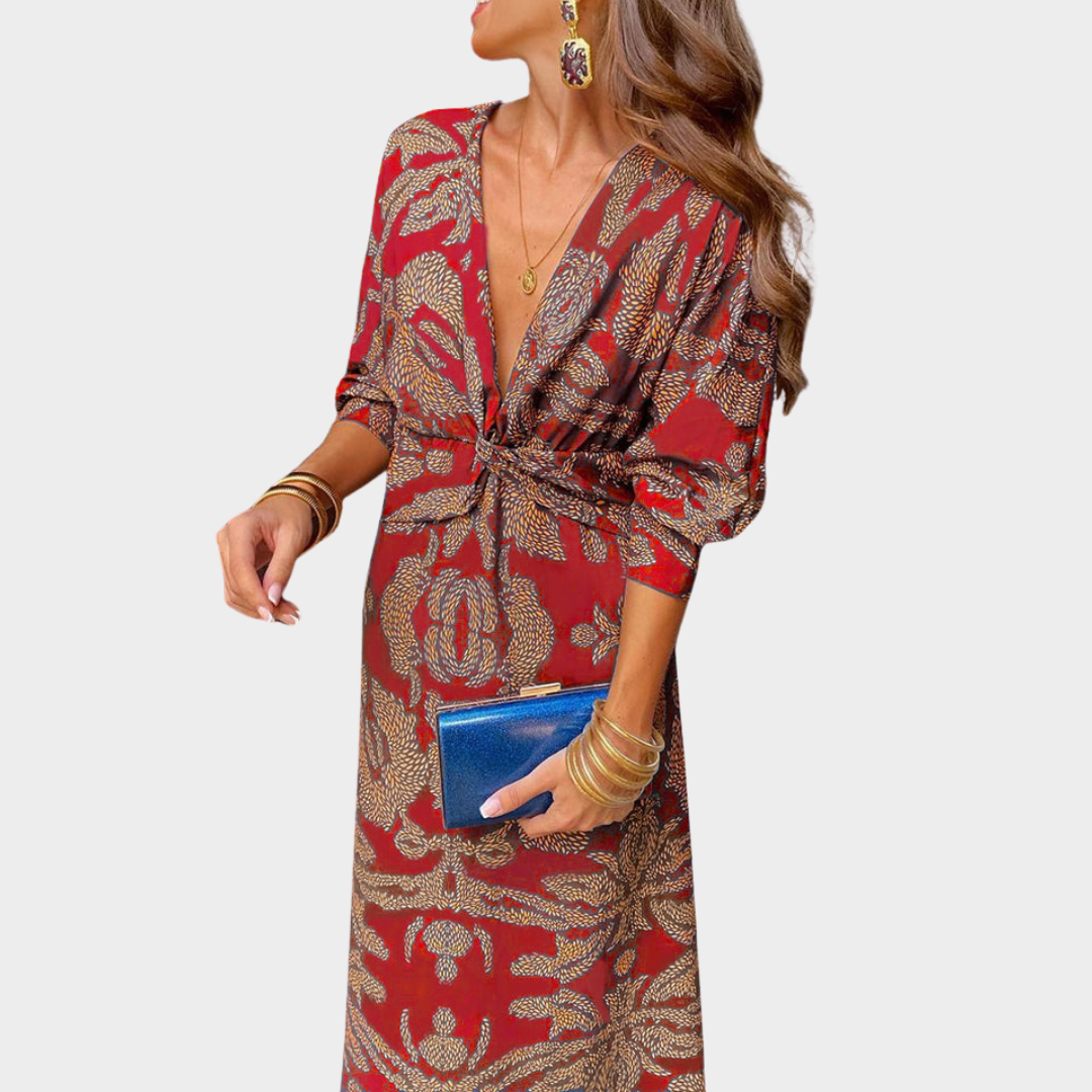 Women's Retro Printed Midi Dress – Elegant Round Neck Long Sleeve Party Dress – Multiple Colours