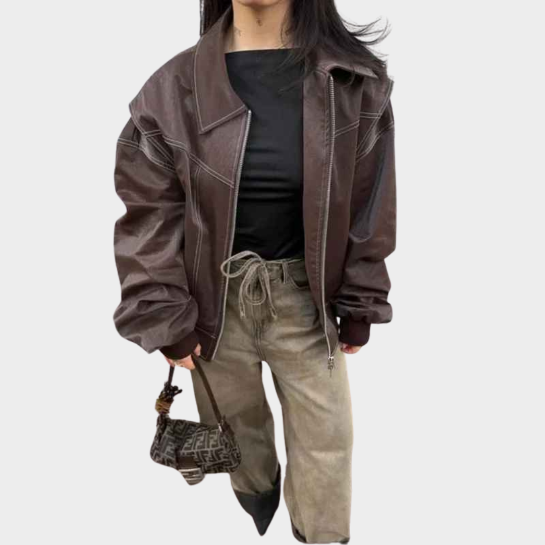 Women's Leather Jacket - Zipper Lapel Cropped Coat - Casual Long Sleeve - Stylish Outerwear - Multiple Colours