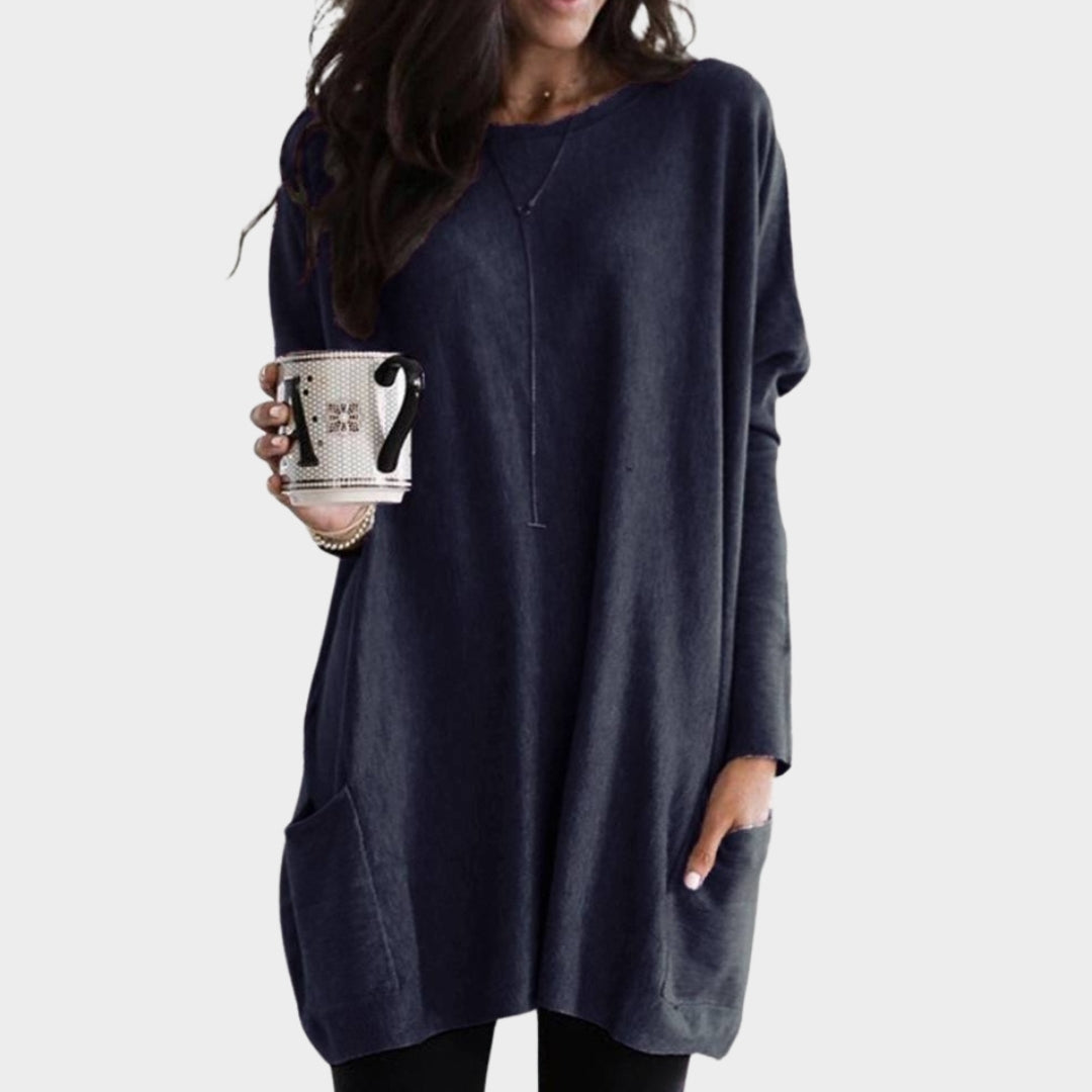 Women’s Long Sleeve Tunic Top - Casual Loose Sweater with Pockets, Plus Size Pullover, Grey, Black, Peacock Blue, and More