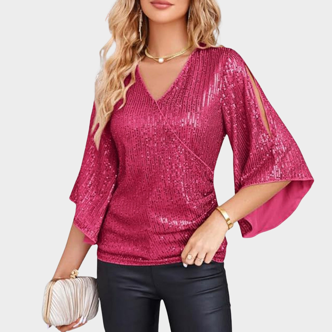 Women's Sequin Blouse - V-Neck Glitter Party Top - 3/4 Sleeve Sparkly Evening Wear - Multiple Colours