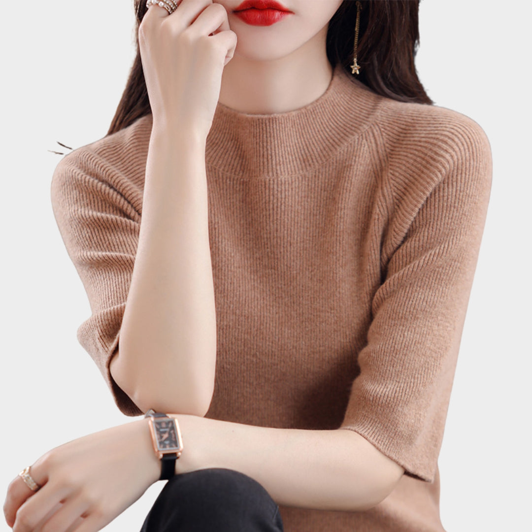 Women's Cashmere Blend Sweater – Slim Fit Short Sleeve Knitted Top in Beige, Black and More