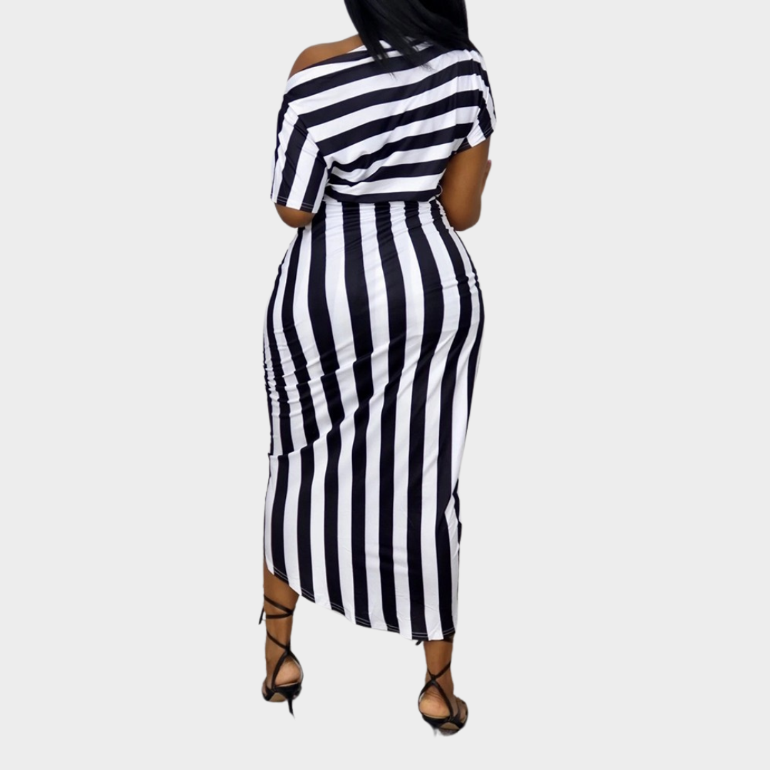Women's Slant Collar Print Dress – Short Sleeve – Irregular Hem – Slim Fit – Multiple Colours