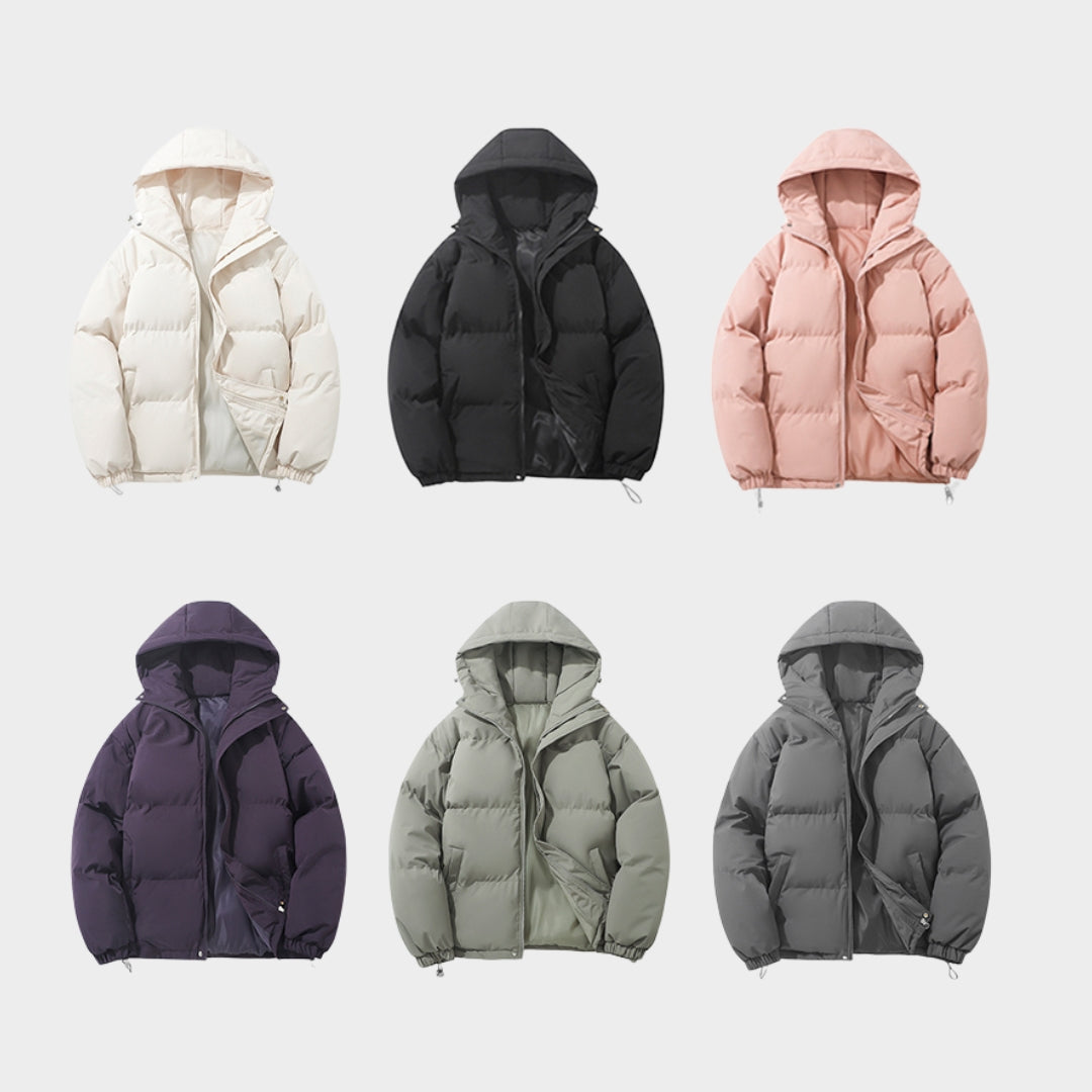 Women’s High Neck Hooded Puffer Jacket - Cotton Padded, Zipper Design, Warm Autumn Winter Coat, Purple, Off-white, Black, and More