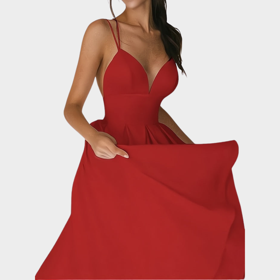 Women's Spaghetti Strap Midi Dress – V-Neck Backless – Elegant Party Dress – Multiple Colours