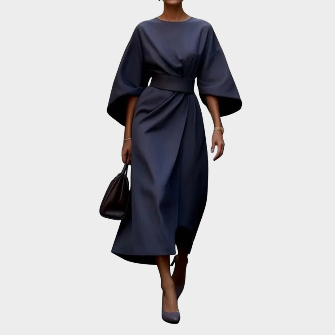Women’s Elegant Belted Statement Dress – Cape Style Batwing Sleeves with Slim Waist Design – Multiple Colours