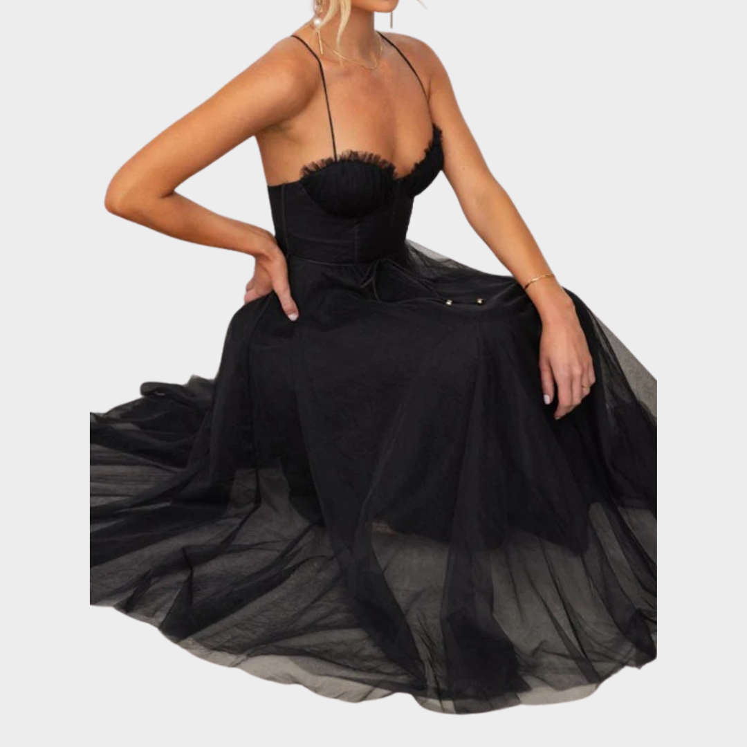 Women’s Long Backless Chiffon Dress – Spaghetti Strap Party Gown with Low Cut Lace-Up Back – Lightweight Mesh Fit – Multiple Colours