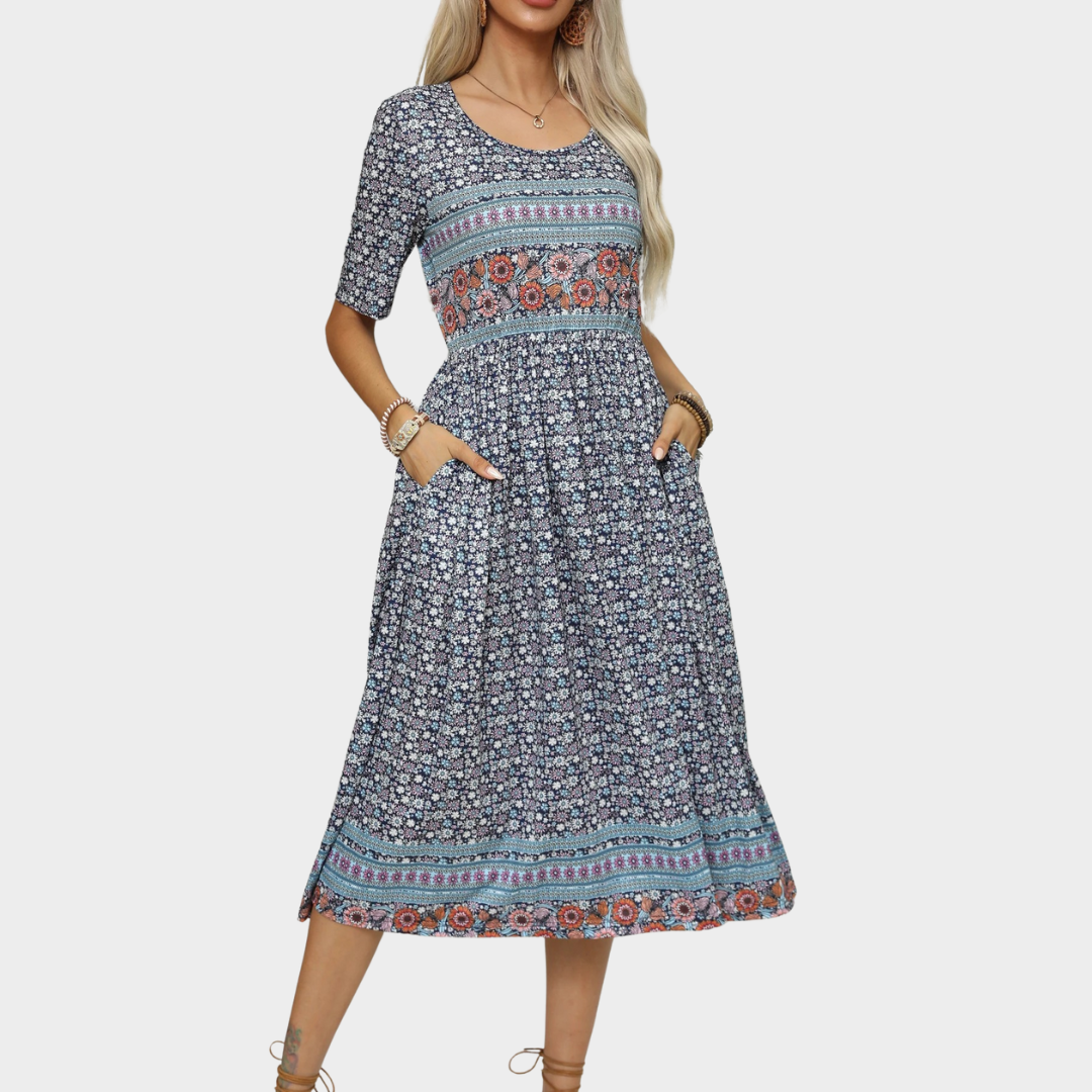 Women’s Bohemian Print Long Dress – Round Neck Short Sleeve Fit – Casual Flowy Maxi Silhouette – Lightweight Fabric – Multiple Colours