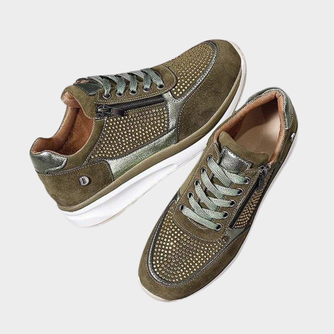 Women’s Platform Wedge Sneakers – Crystal Embellished Casual Style – Comfortable Sport Sole with Fashionable Lift – Multiple Colours