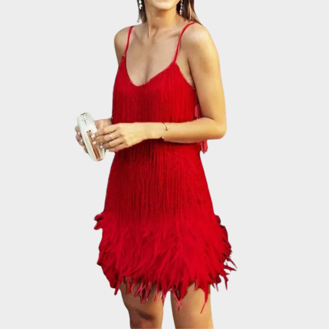 Women's Sequined Evening Dress – Sleeveless – V Neck – Tassels & Feather Detail – Multiple Colours