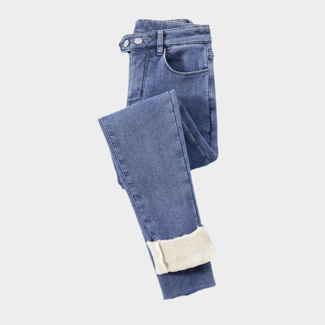 Women’s High Waist Skinny Jeans - Winter Thick Velvet Warm Fleece Denim Pants, Stretch Slim Fit, Blue Grey, Black, Vintage Blue, Grey