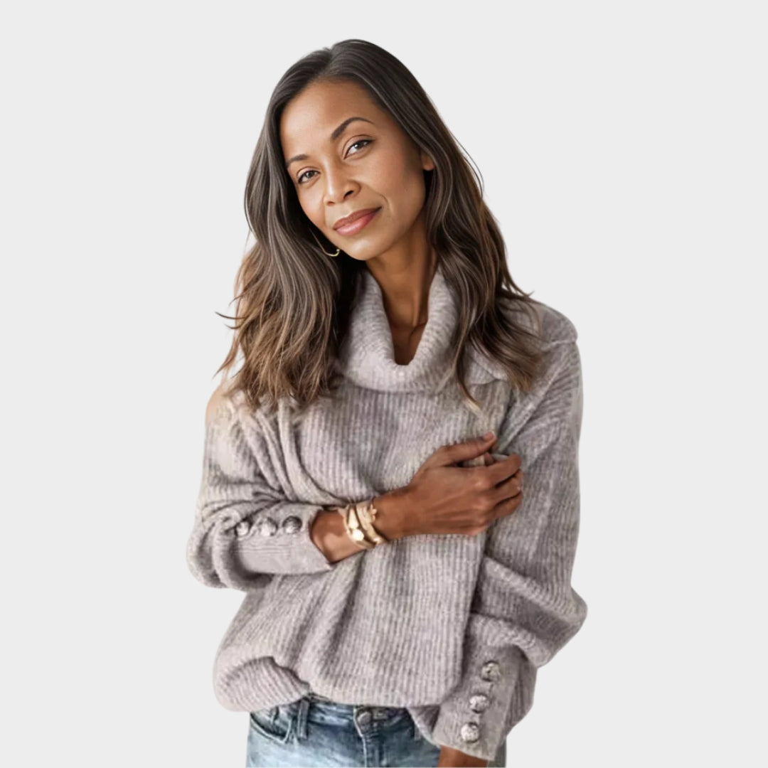 Oversized Women’s Vintage Turtleneck Sweater – Metal Buttons, Loose Knit, Long Sleeves, Grey, Pink, Blue