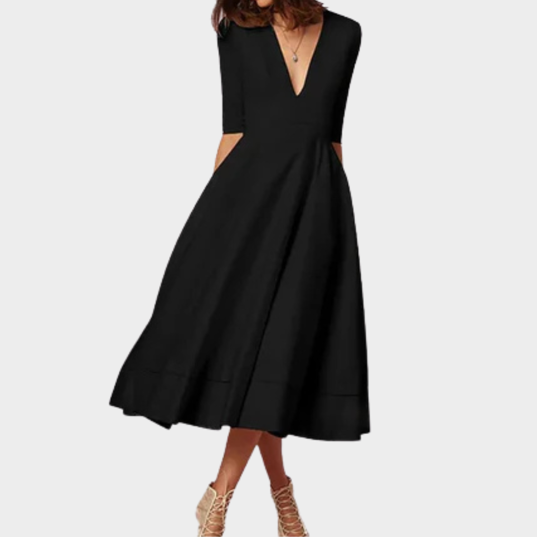Women's Long V-Neck Slit Dress – Short Sleeve – Solid Colour – Elegant Fit – Lightweight Soft Fabric – Multiple Colours